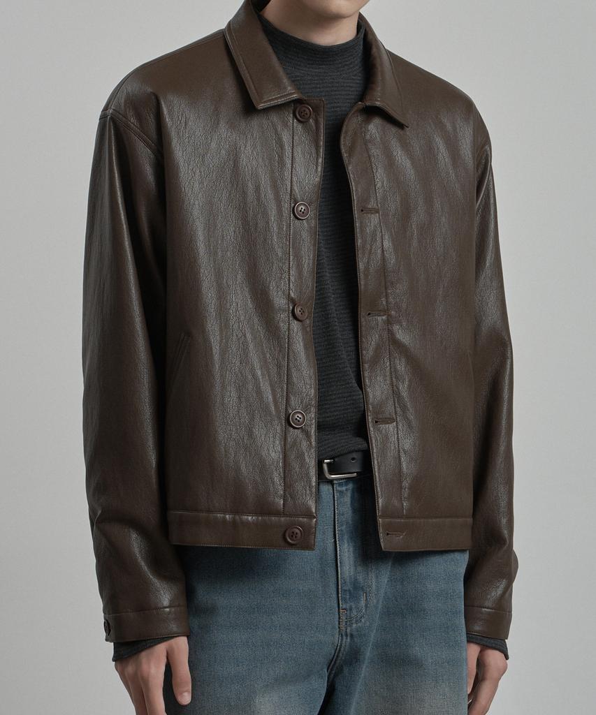 WORK ON BODY OFF Epure Regular Fit Button Leather Jacket [Brown]