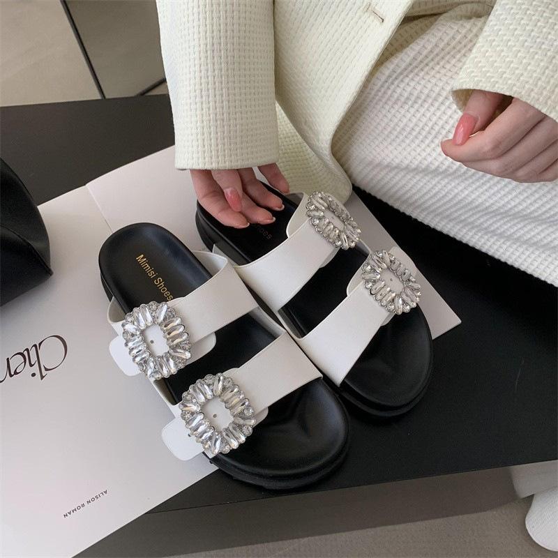 New Versatile Casual One-word Slippers Women's Summer Wear Square Buckle Rhinestone Double Belt Thick-bottomed Beach Cool Slippers