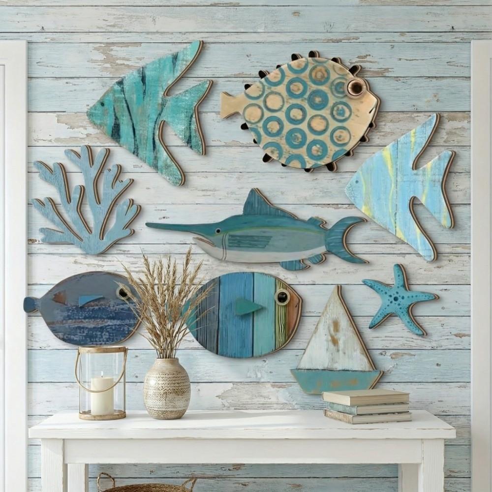 10Pcs Wall Art Wooden Decorations Retro Fish Wall Decor  Bedroom Home Decorations