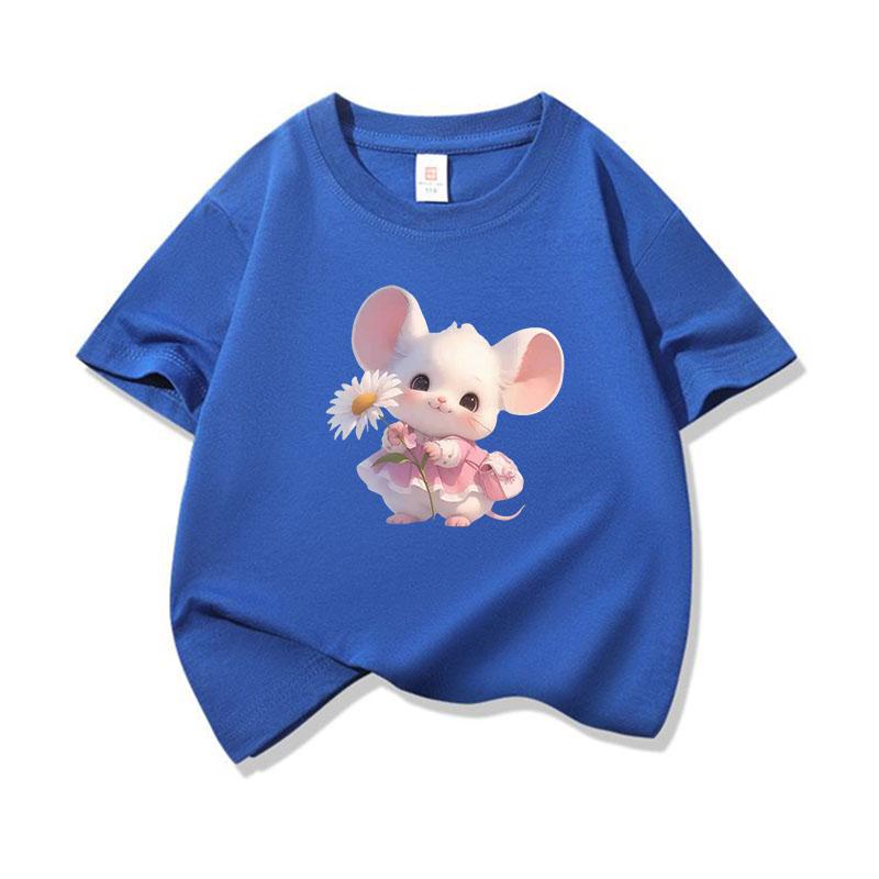 Kids Cotton T Shirt Cute Mouse Holding Daisy Print Crew Neck Short Sleeve Tee Casual Boys Girls Summer Tops