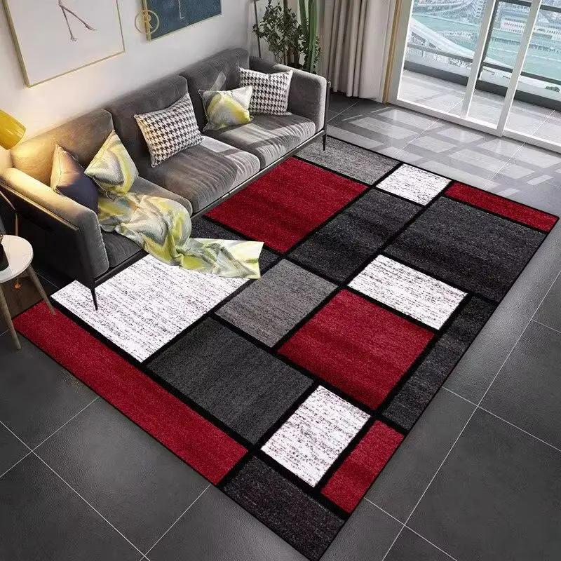 Modern Geometric Block Area Rug Crystal Velvet Living Room Carpet Non Slip Red Black Gray Pattern Bedroom Dining Floor