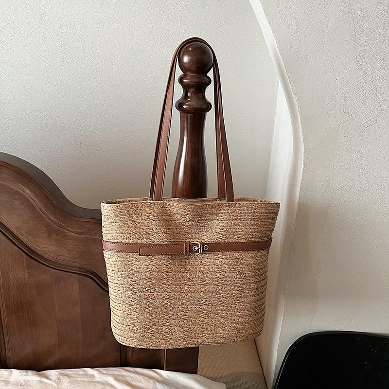 Summer New Style Casual Seaside Vacation Style Straw Woven Bag Fashionable Simple Large Capacity Shoulder Tote Bag Women