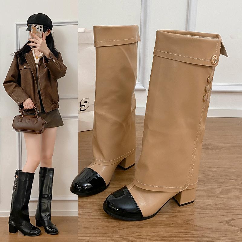 

Premium Block Heel Library Tube Boots 2025 Fall/Winter New Round Toe Spliced Metal Buckle Non-slip Boots 39