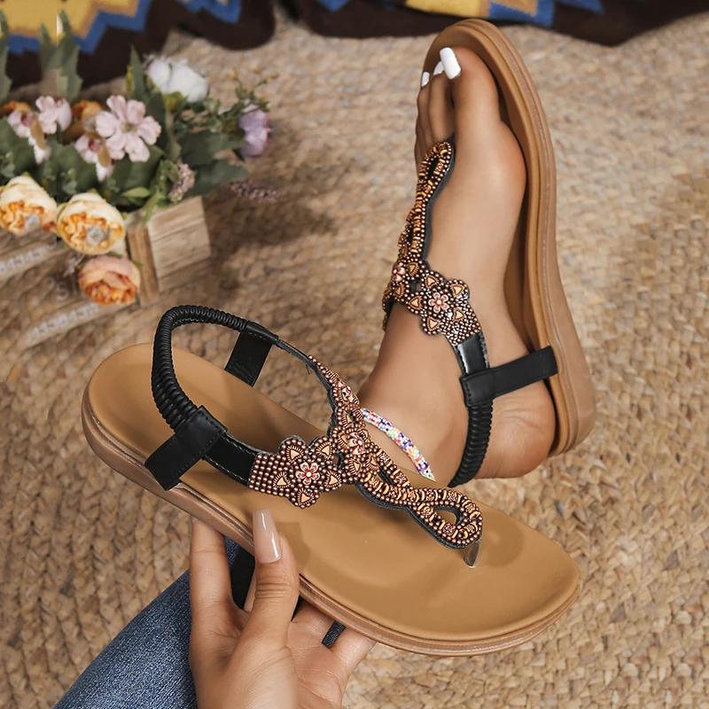 Fashion Bohemian Style Flowers Decor Flats Sandals Women Summer 2025 Clip Toe Non Slip Beach Sandalias Mujer Plus Size Slip On Sandles