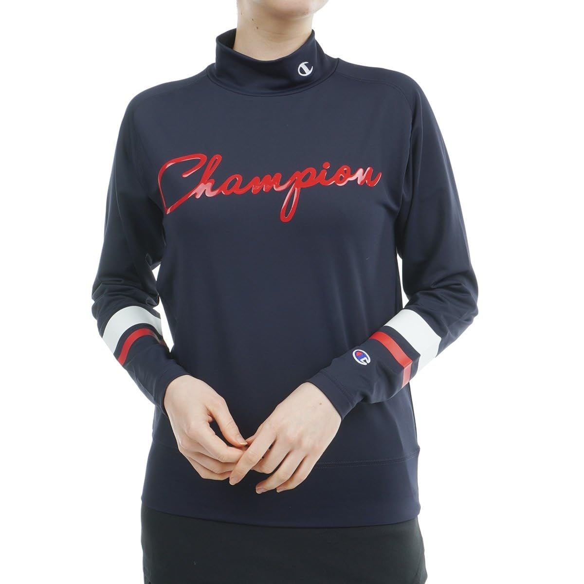 

Champion Long Sleeve Mock Neck Odor UV Graphic Logo Women s T-Shirt, Antibacterial, Resistant, Quick-Drying, Stretch, Protection, Print, Navy,