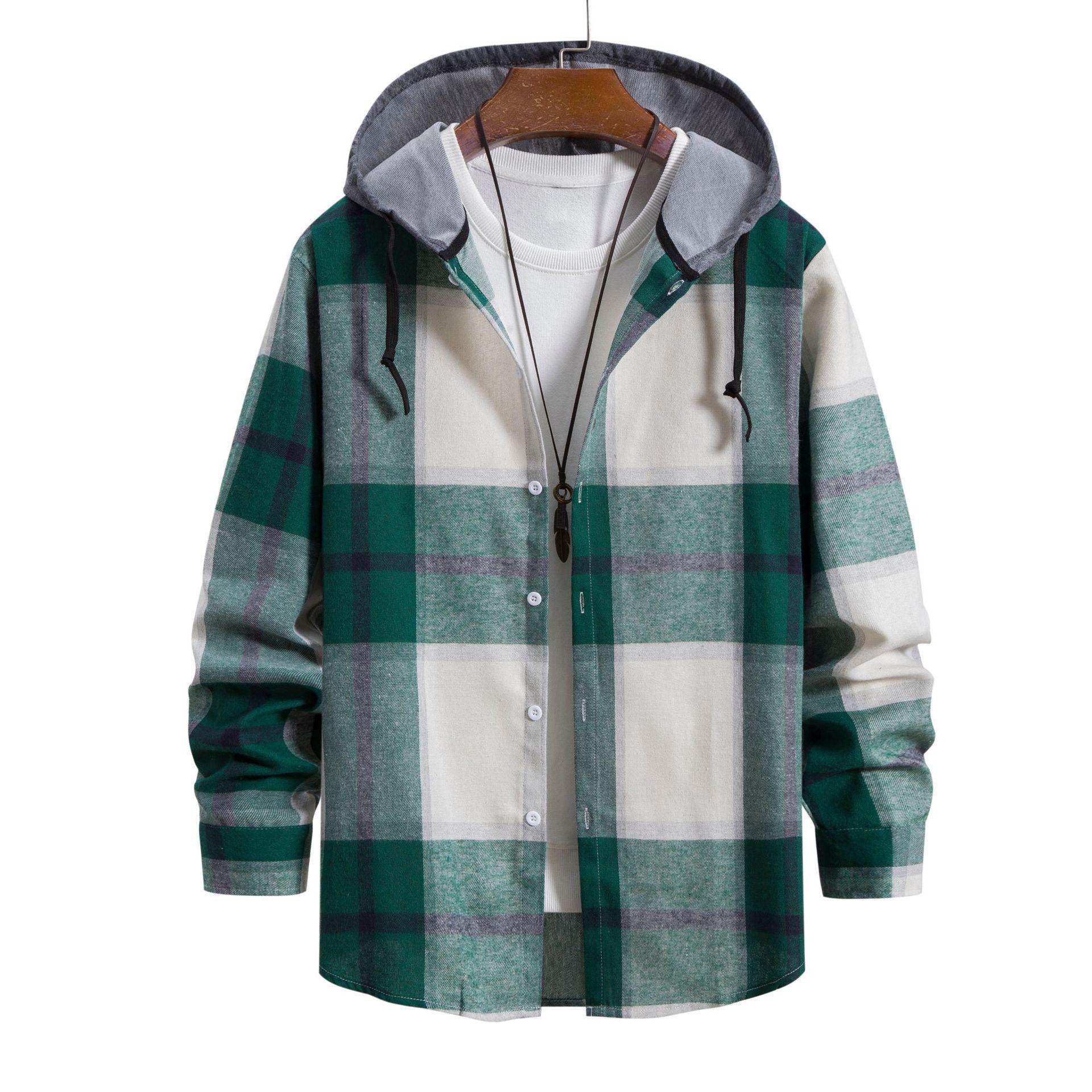 

Korean Style Plaid Hooded Long Sleeve Men s Casual Shirt - 2026 Spring/Autumn Trend XXL зелений