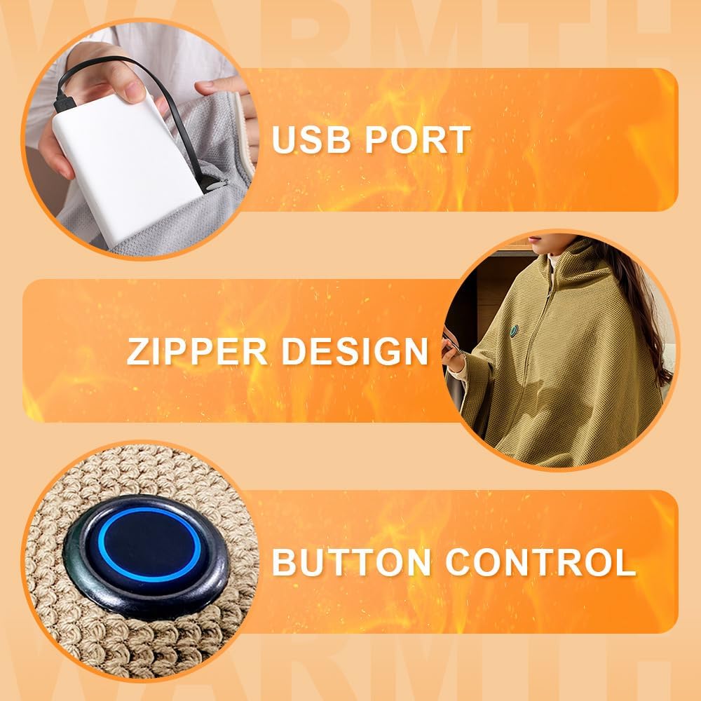 Damen Heizdecken-Schal, 60 × 31 Zoll USB-Elektrodecke, 15 Sekunden schnelles Aufheizen, drei Temperaturstufen