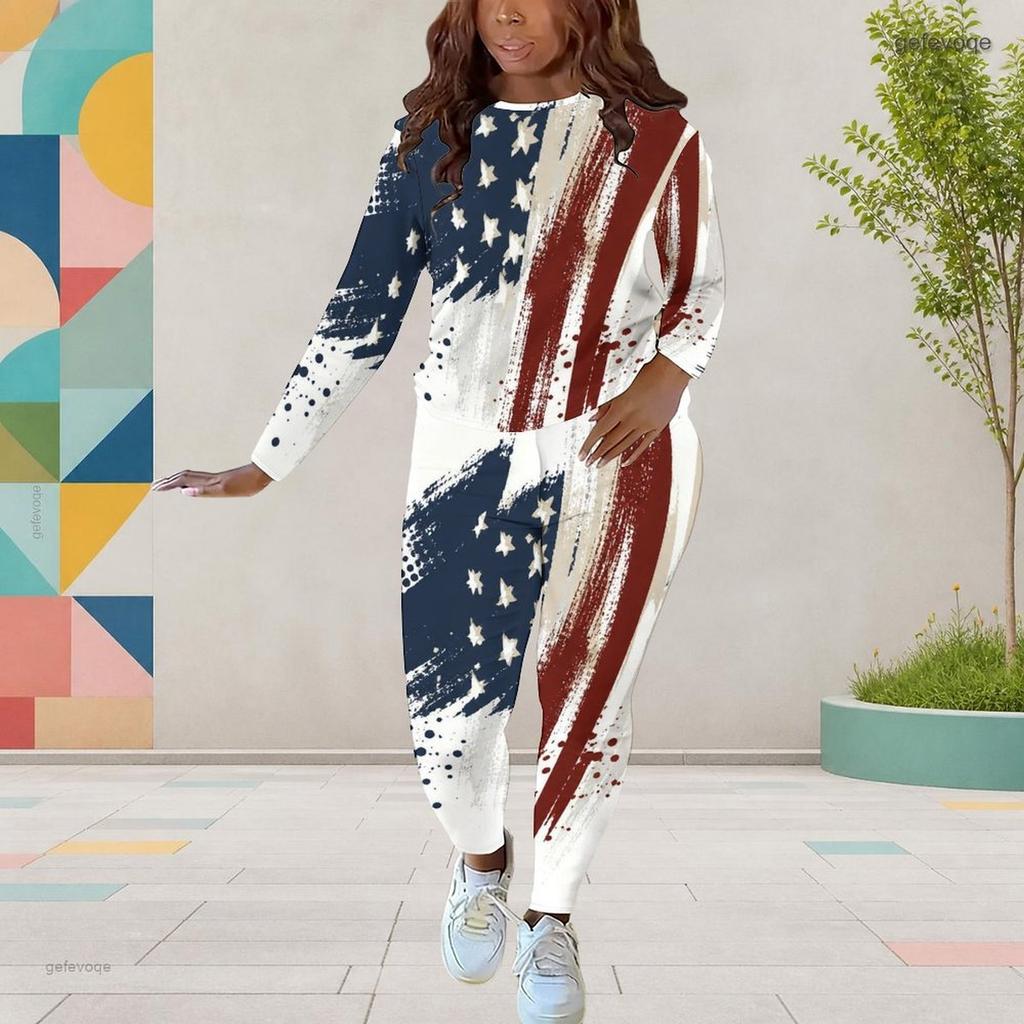 Women Plus Size White Round Neck Long Sleeve Printed Top And Fitted Pants Two Piece Set
