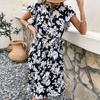 Women Spring Summer Flower Print Vintage Short Sleeve O-neck Mid-calf Casual Dresses