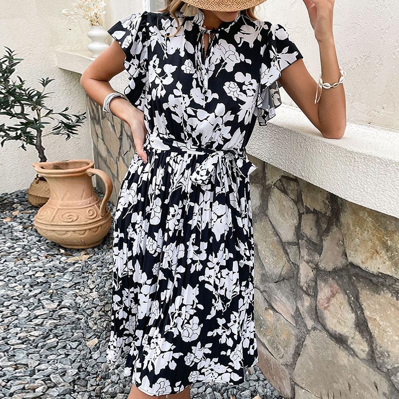 Women Spring Summer Flower Print Vintage Short Sleeve O-neck Mid-calf Casual Dresses
