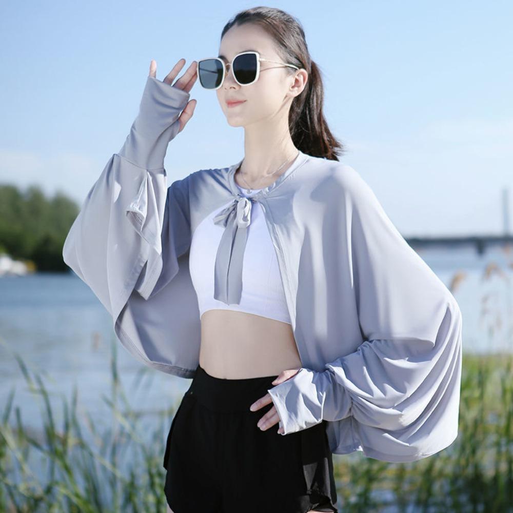 Long Sleeve Sunscreen Shawl Solid Color Thin Crop Top New Long Sleeve Crop Top  Outdoor Activities
