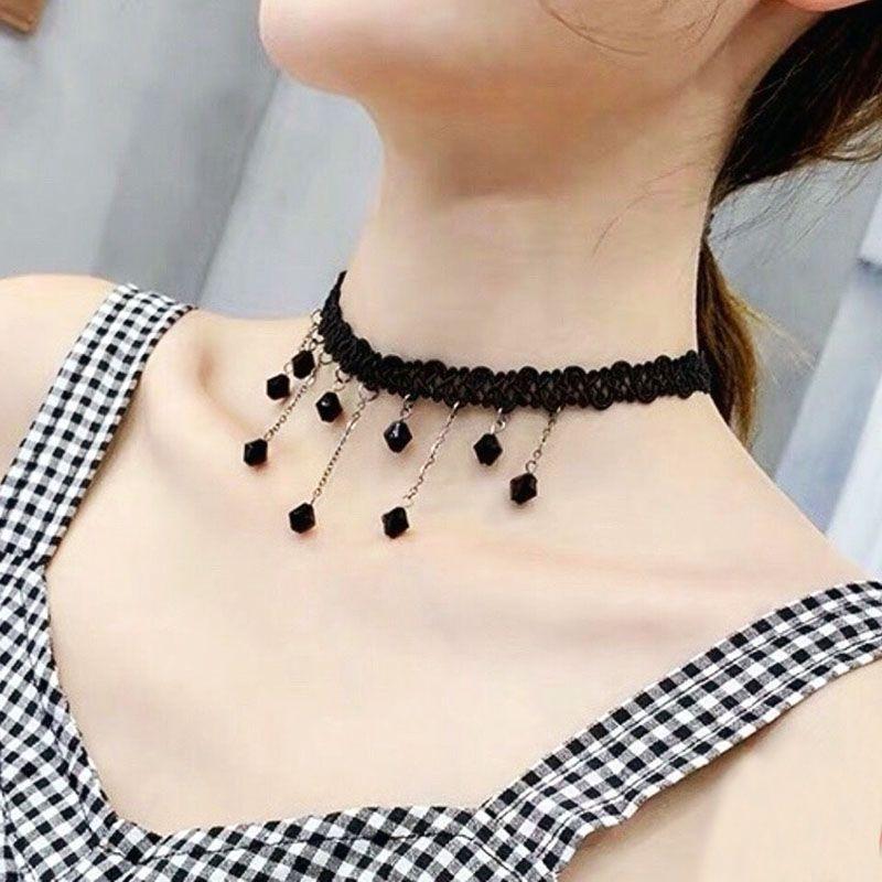 Women Party Necklace Hollow Out Lace Faux Pearl Decor Tassel Prom Cosplay Halloween Carnival Choker Wedding Performance Neck Jewelry