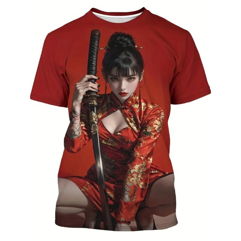Anime Samurai Girl T-Shirts 3D Print Men's Women Short Sleeve Round Neck T Shirt Oversized