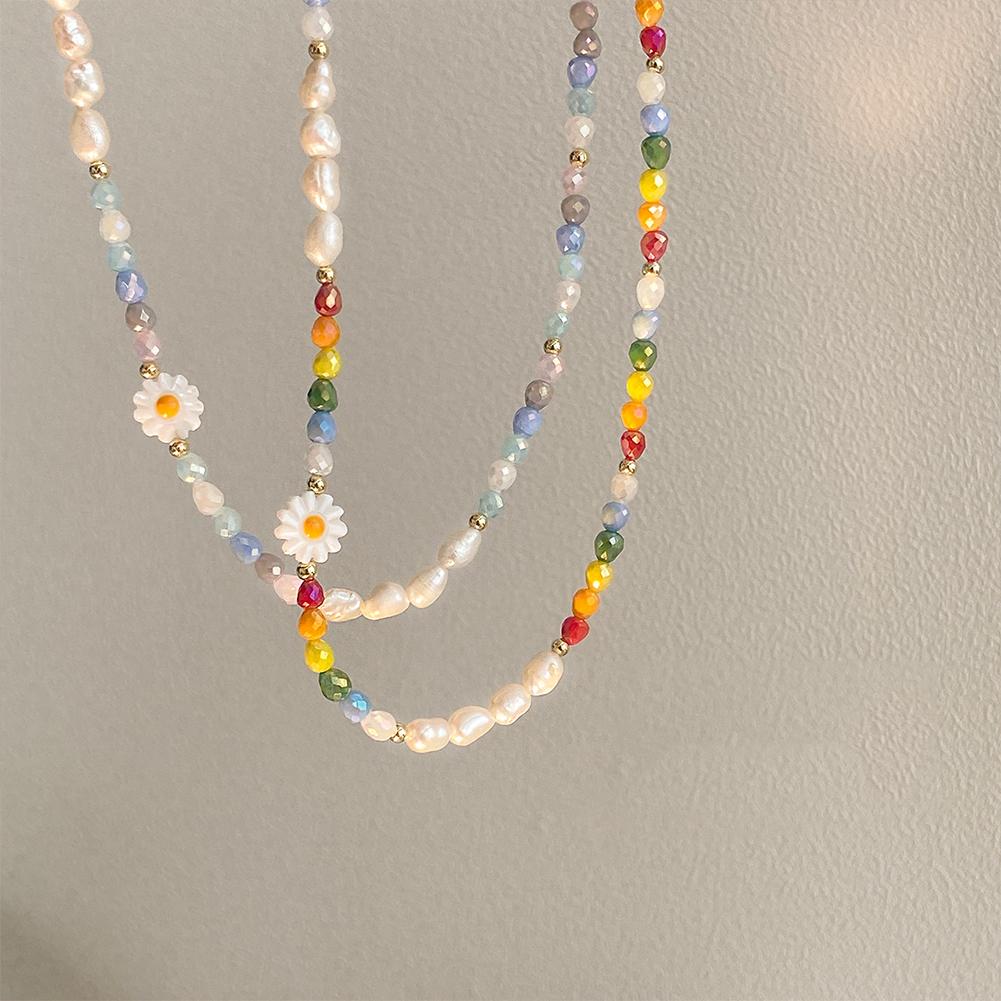 Daisy Flower Colorful Crystal Bead Beaded Necklace Bracelet Sweet Versatile Necklace Clavicle Chain Jewelry Accessory
