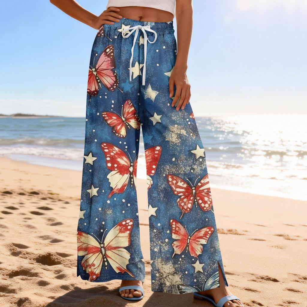 Dámské letní boho palazzo kalhoty s vysokým pasem a širokými nohavicemi, tisk, ležérní kalhoty s kapsami