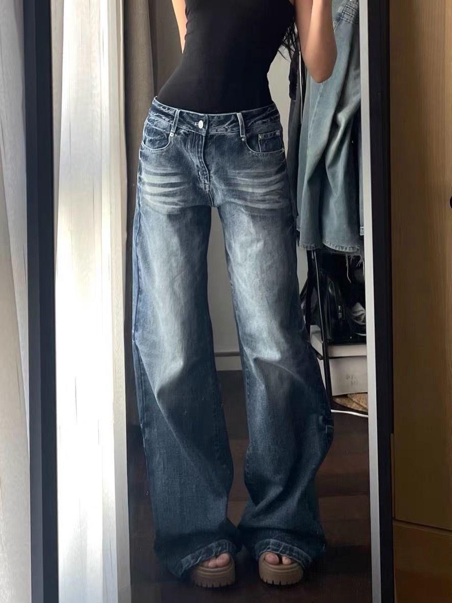 

Fashionable Retro Wide Leg Straight Leg Loose Washed Denim Jeans XL