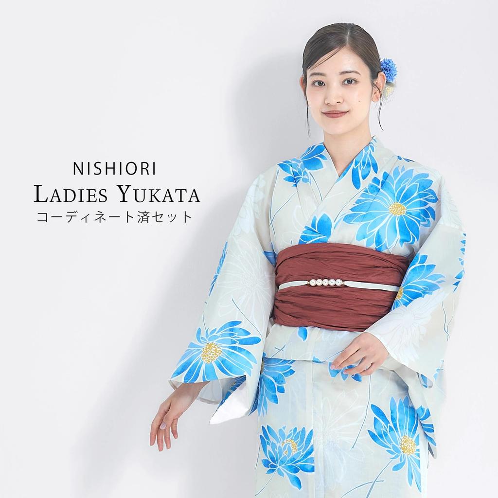 NISHIORI Yukata Set with One Size Fits Most Women's Obi, 3-Piece Set, (km-2)