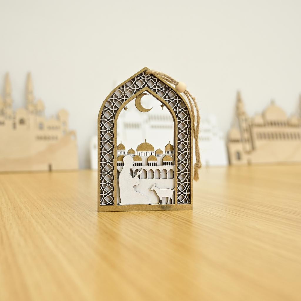 Wooden Moon Mosque Muslim Festival Pendant EID Mubarak Party Hanging for Home Islamic Muslim Party Eid Ramadan Kareem Decoration