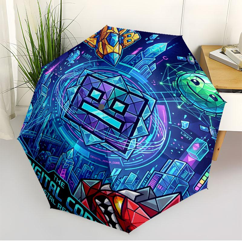 Geometry Dash Print Automatisk Åben Lukke Paraply, Bærbar Foldbar Paraply, til Udendørs Pendling Campingtur, Ideel Fødselsdagsgave