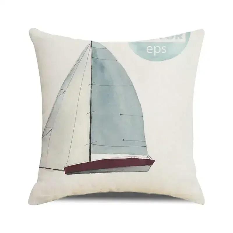 Watercolor Painting Nautical Lighthouse Ocean Seagull Boat Home Sofa Cushion Cover Home Decor Pillowcase