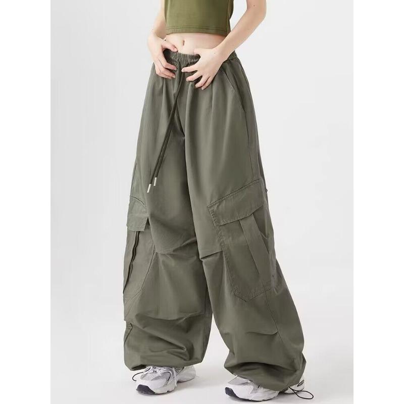 Spring Autumn Elastic Waist Loose Casual Pocket Cargo Pants Women Simple Fashion Solid Color Straight Trousers