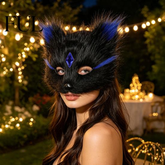 Adjustable Strap Fox Mask Halloween Half Face Mask, Plush Animal Masquerade with Women Girls Cosplay Masks Rhinestone Gems, Party Prop for Ball Props