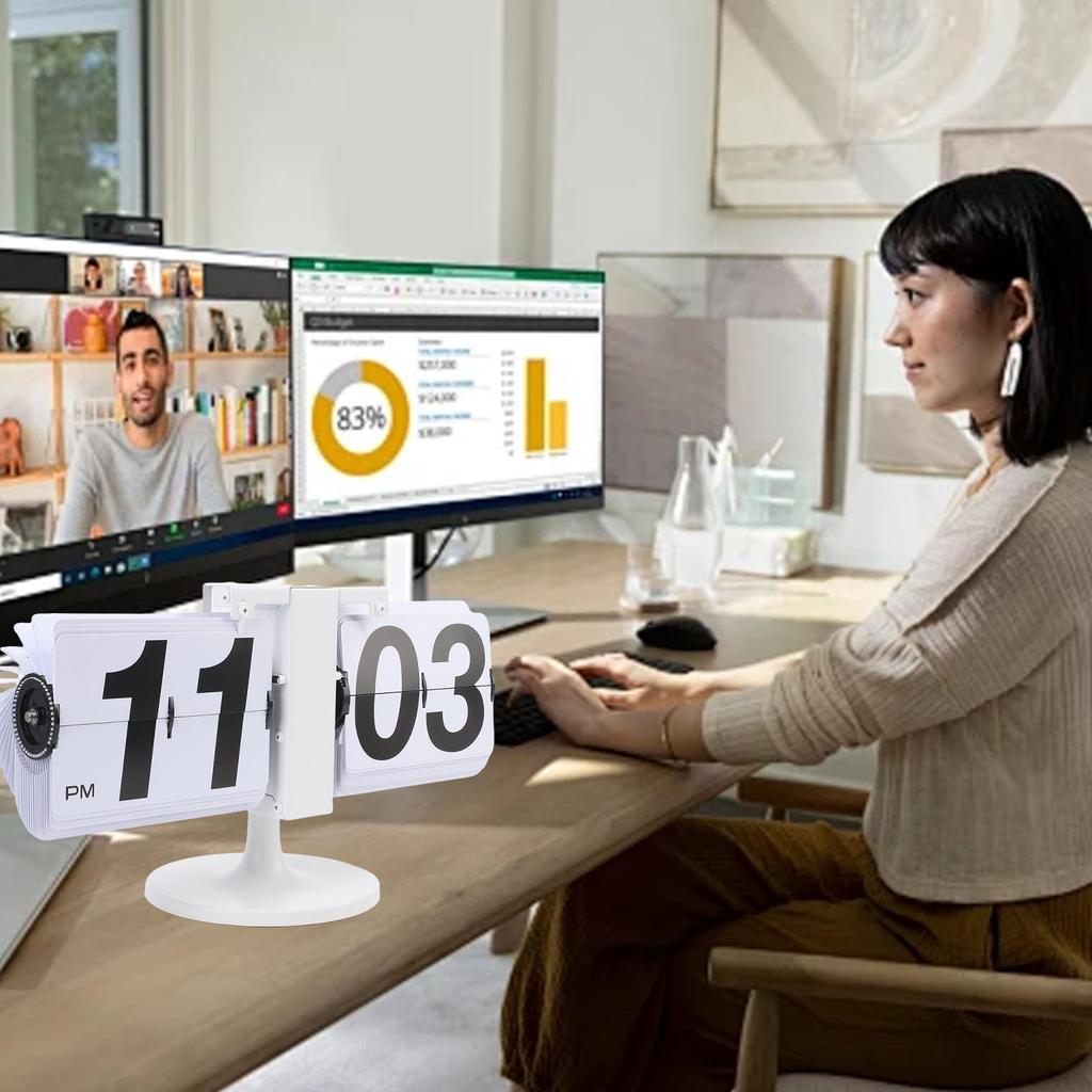 Desk Clock Mechanical Battery Powered 12 Hours Quiet Automatic Page Turning Clock with Extended Rod for Living Room