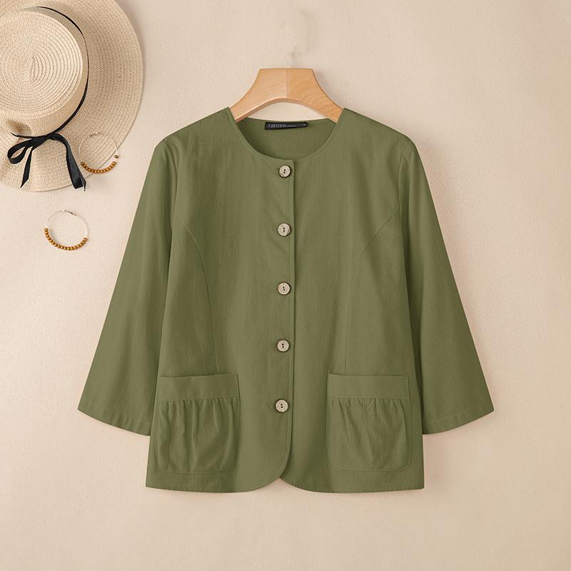 ZANZEA Women Casual Round Neck Solid Color 3/4 Sleeve Cotton Blouse