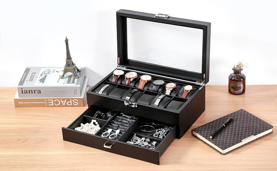 DRAIGERWAY Watch Watch Accessory Jewelry Watch Watch Watch Collection PU Leather 12 Case, Case, Box, Storage, Case, Storage, Case, (Carbon Fiber,