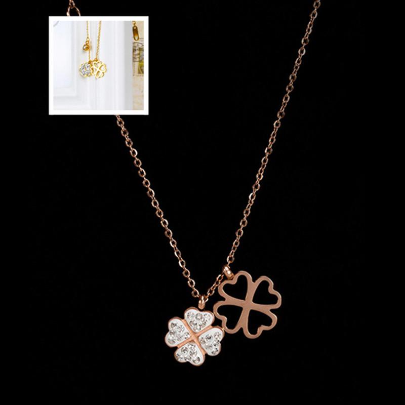 Titanium Steel Hollow-out Rhinestone Love Heart Clover Necklace Environmental Protection Do Not Fade