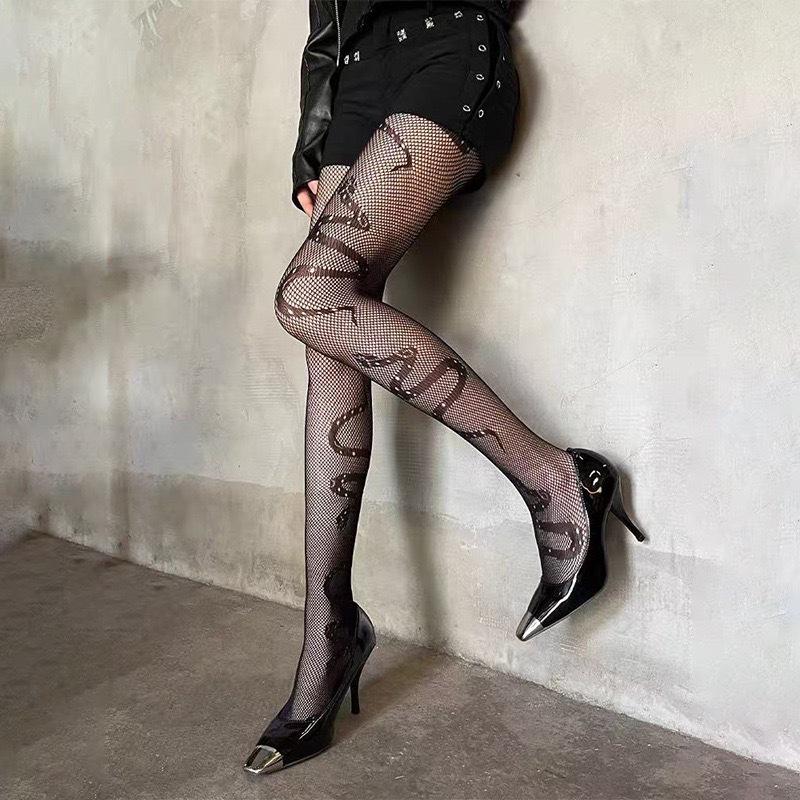 Jarní/Letní Síťované Punčochy s Hadím Vzorem - Retro Žakárové Černé Lingerie Punčochové Kalhoty