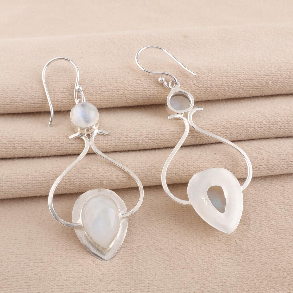 Natural Rainbow Moonstone Gemstone 925 Sterling Silver Handmade Earrings 2.07" EE-170-24