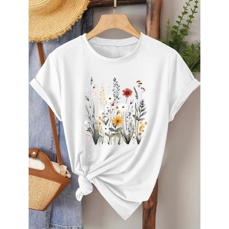 Women's Wildflower Print Tee Crew Neck Short Sleeve Vintage Elegant Spring Summer Fall Versatile Casual Top