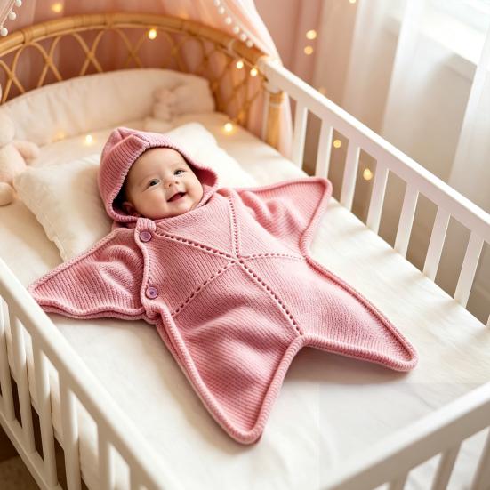Cute Star Shape Sleeping Bag Starfish Baby Sleep Sack, Soft Knitted Full Body Swaddle Blanket with Infant Cocoon Hood for Newborn, Anti Kick Warm Bag,