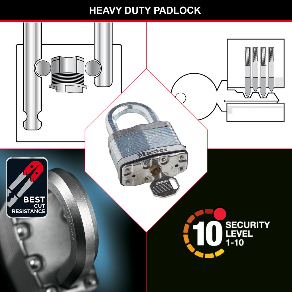 Master Lock Heavy Duty Laminated Steel Padlock, Medium Shackle, Key