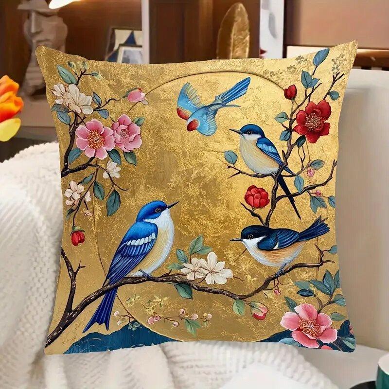 Luxury Gold Floral And Bird Print Pillowcase Hidden Zipper Closure Decorative Throw Pillow Cover Accent Cushion Case