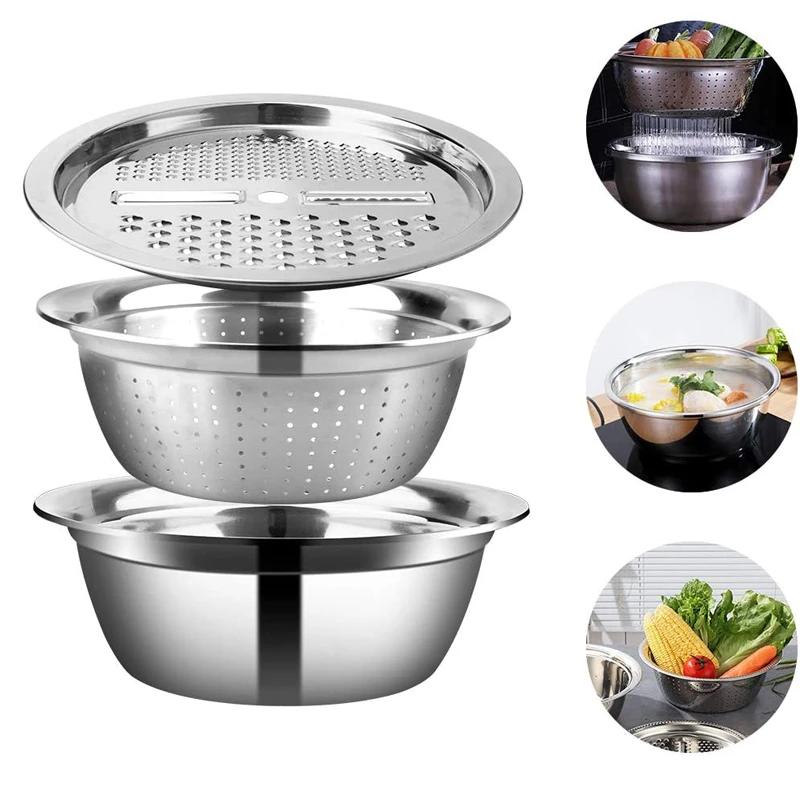 

Multifunctional Stainless Steel Drain Basket Vegetable Cutter 3 in 1 Vegetable Slicer Graters Julienne Salad Bowl Strainer YY006 серебряный
