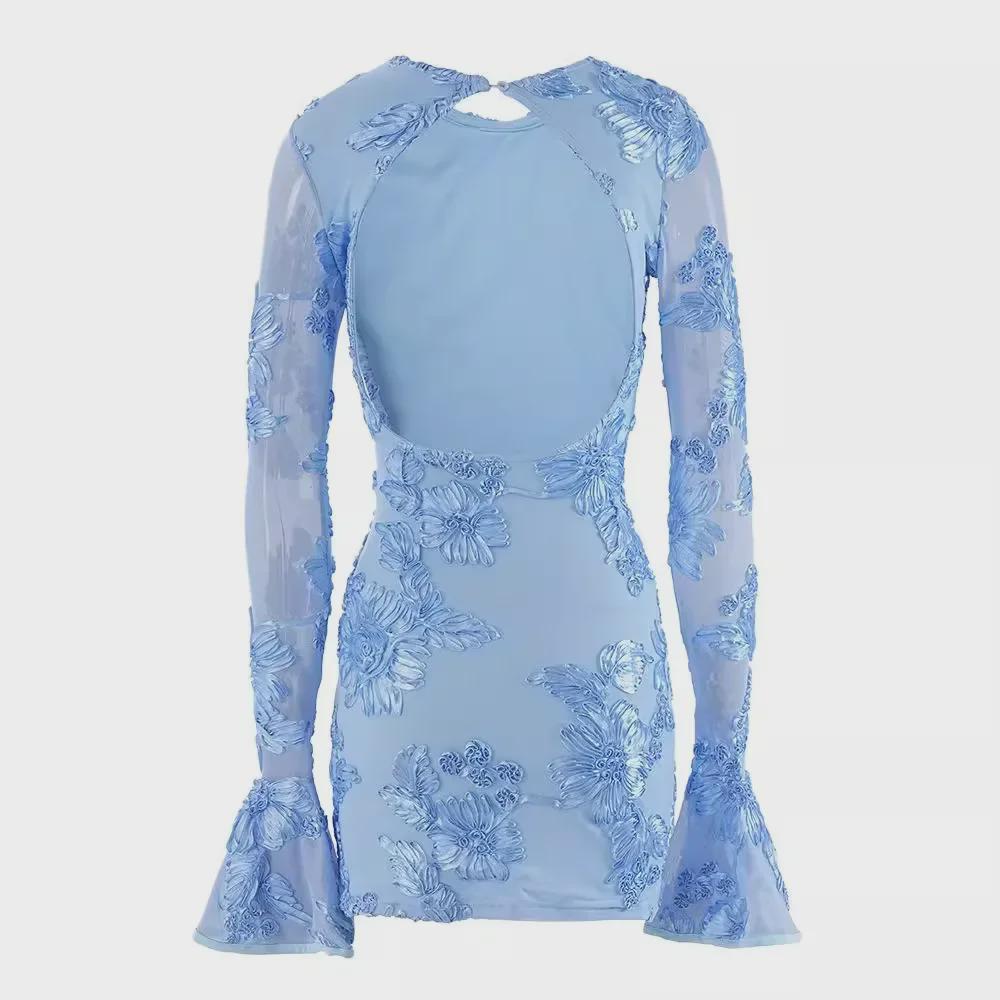 Floral Embroidered Backless Halter Dress with Trumpet Sleeves