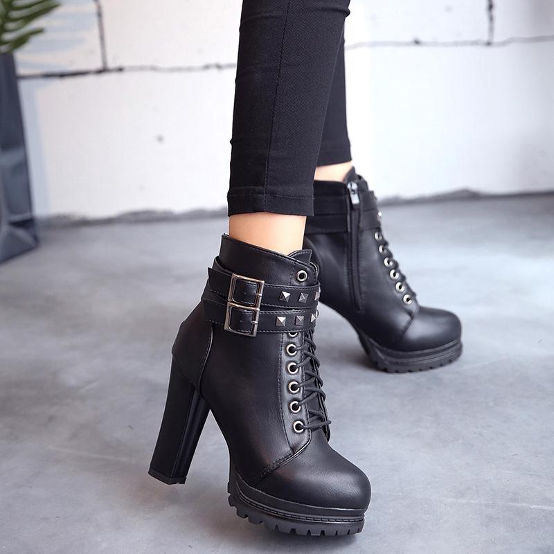 

Женские осенние ботильоны, сексуальные офисные туфли на высоком каблуке, ботинки на платформе, с круглым носком, кожаные ботильоны, черные туфли-лодочки, женская праздничная обувь, новинка 2021 38