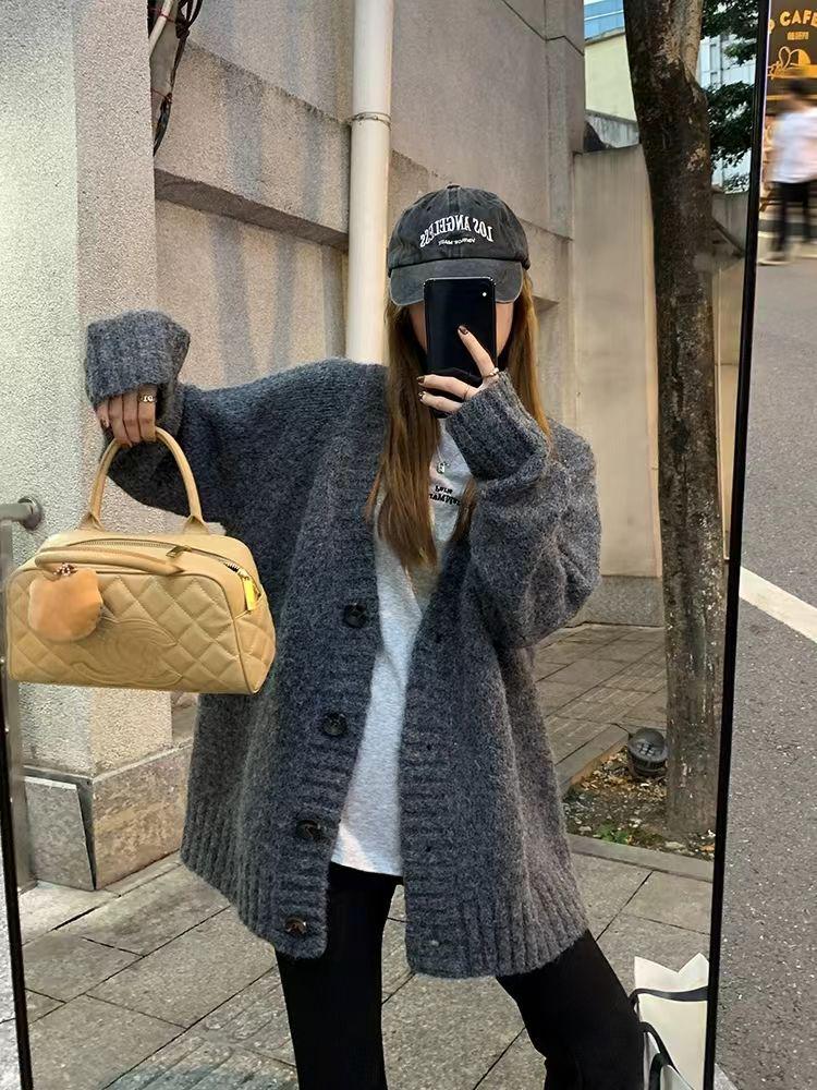 Versatile Retro Knit Cardigan - Mid-Length Solid Color for Spring and Autumn