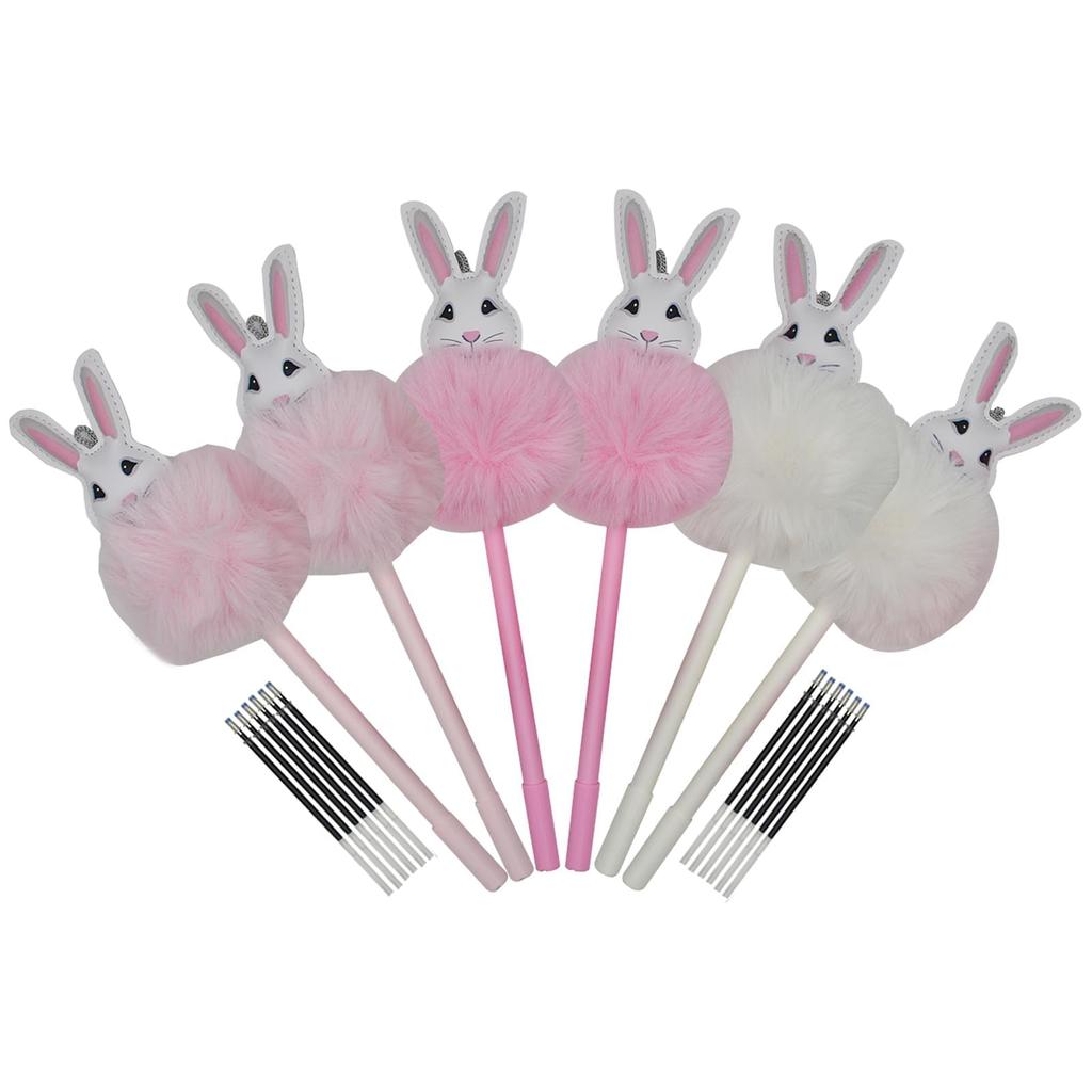 Maydahui Cute Fluffy Stuffed Rabbit Ballpoint Pen Set of 6 Black Ink Stylish Cute Rabbit Animal Gel Pen Stationery Writing Kids Students Office