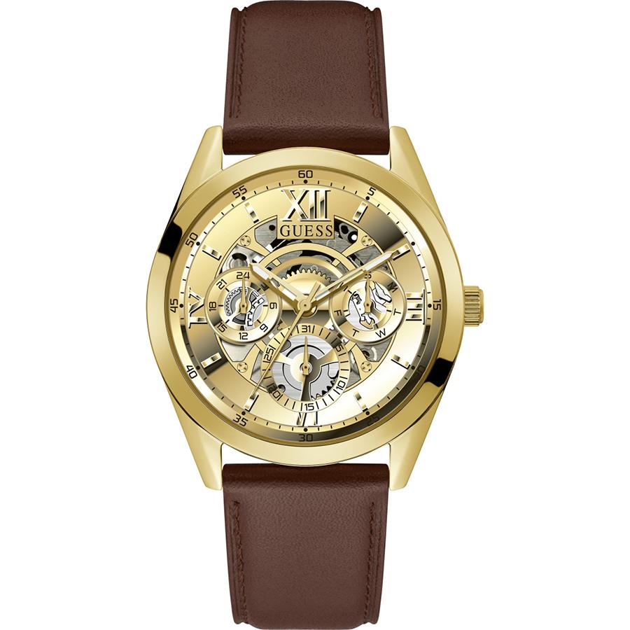 

Men s quartz watch, gold skeleton watch, leather strap, business casual GW0389G5