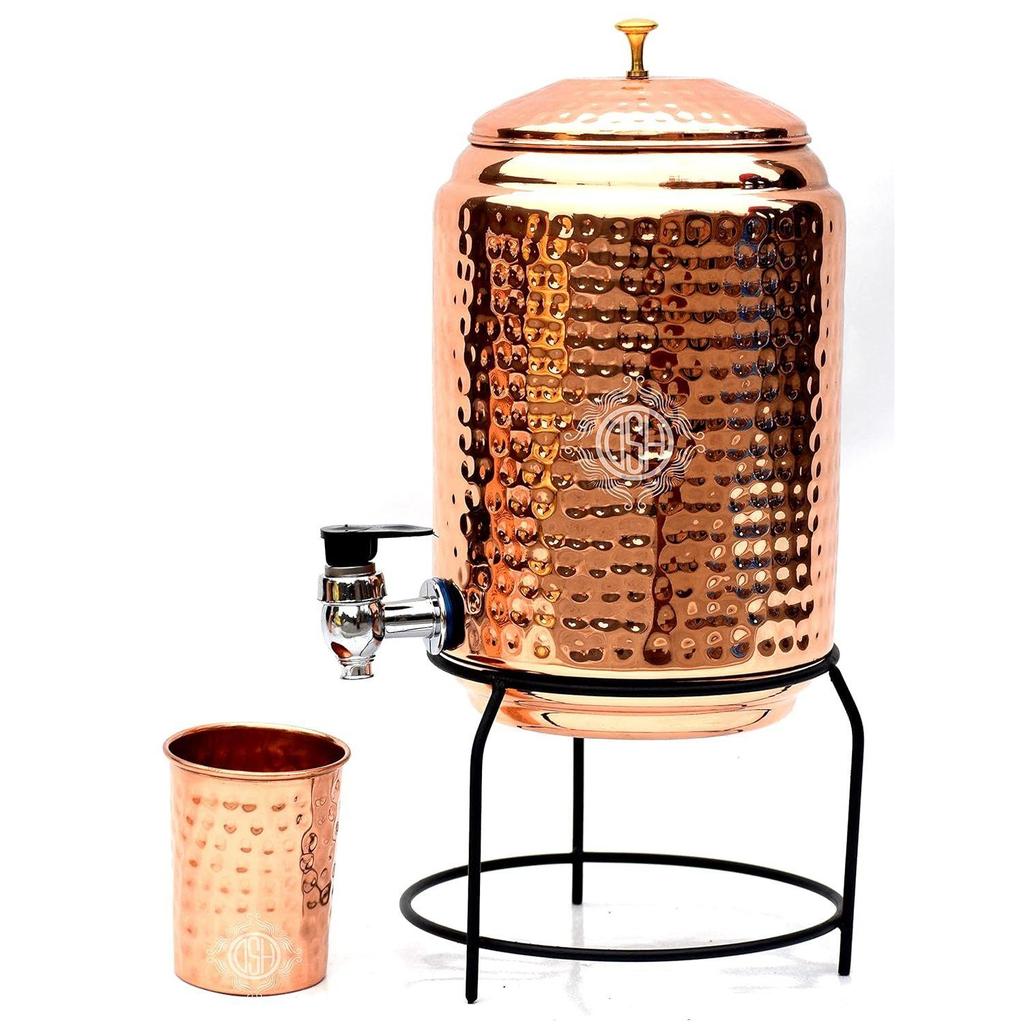 Kopparvattenbehållare/Matka 5 liter Läckagesäker behållare med 100% ren koppar med stativ och bägare, Fogfri med hälsofördelar