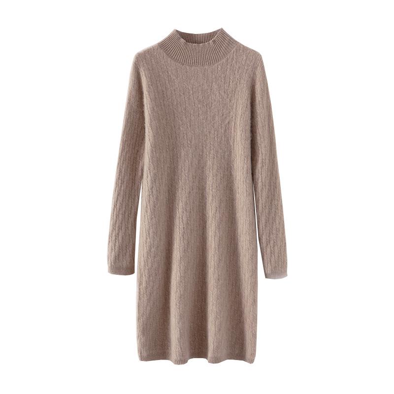 Women's Mid-Length High Neck Pure Wool Cashmere Sweater Dress - Thickened Knit for Autumn Winter