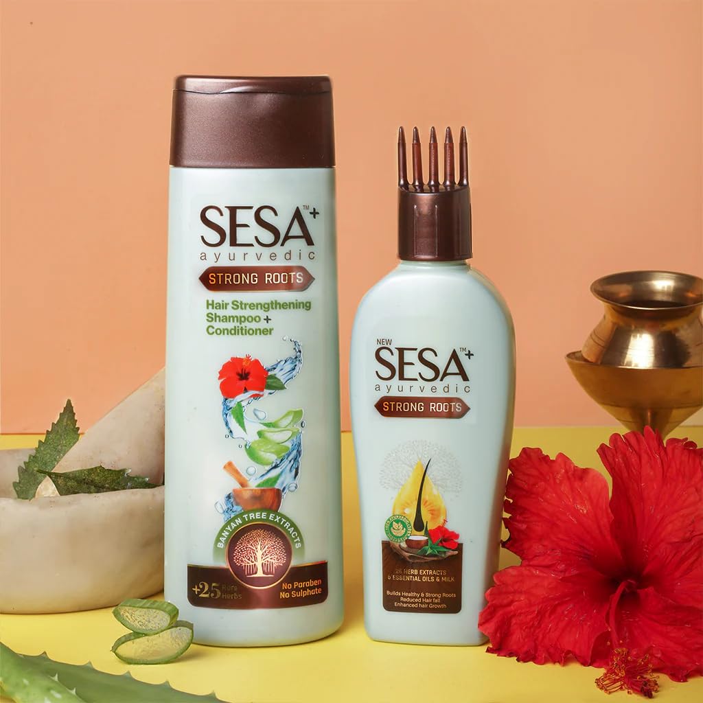 SESA Ajurwedyjski Szampon i Odżywka Strong Roots 200ml do Kontroli Wypadania Włosów, Odżywienia Skóry Głowy i Wzmocnienia Cebulek Włosowych dla Mężczyzn i Kobiet