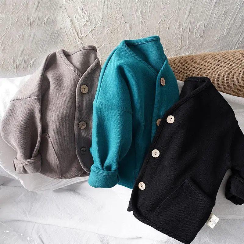 Herbst Kinder Langarm Strickjacke Baby Baumwollmantel für Jungen Mädchen Einfarbig Jacke Kinder Freizeitstrickjacke Kinderkleidung