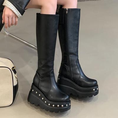 Women Knee High Boots Soft Leather Platform Round Toe Long Shoes Woman High Heeled Motorcycle Boots Elegant Lady Boots