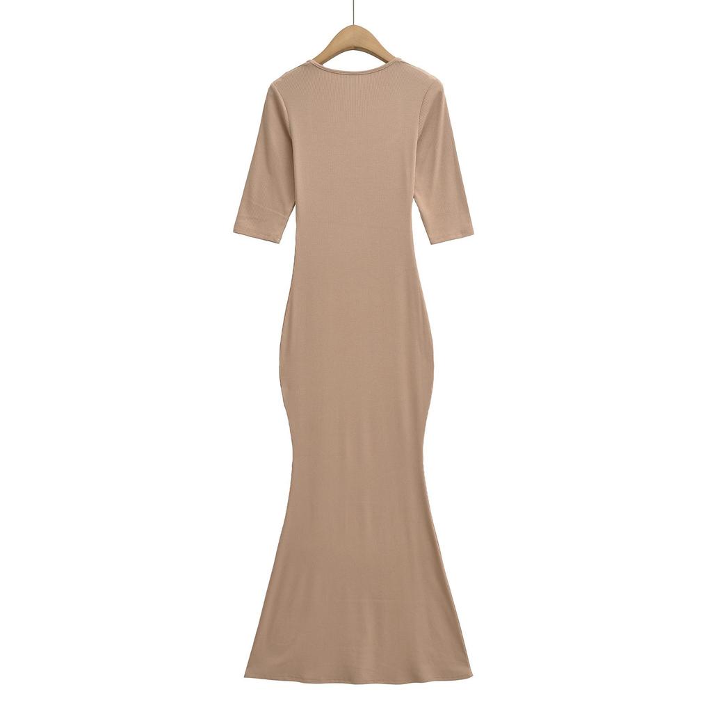 Spicy Girl Slim-Fit Trapezoid Neck Mid-Sleeve Fishtail Dress - Waist-Cinching, Figure-Flattering Skirt