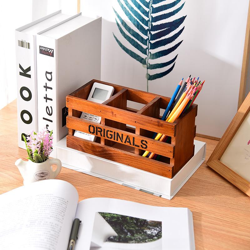 Old Solid Wood Desktop Storage Wooden Box Creative Home Office Three Grid Pen Insert