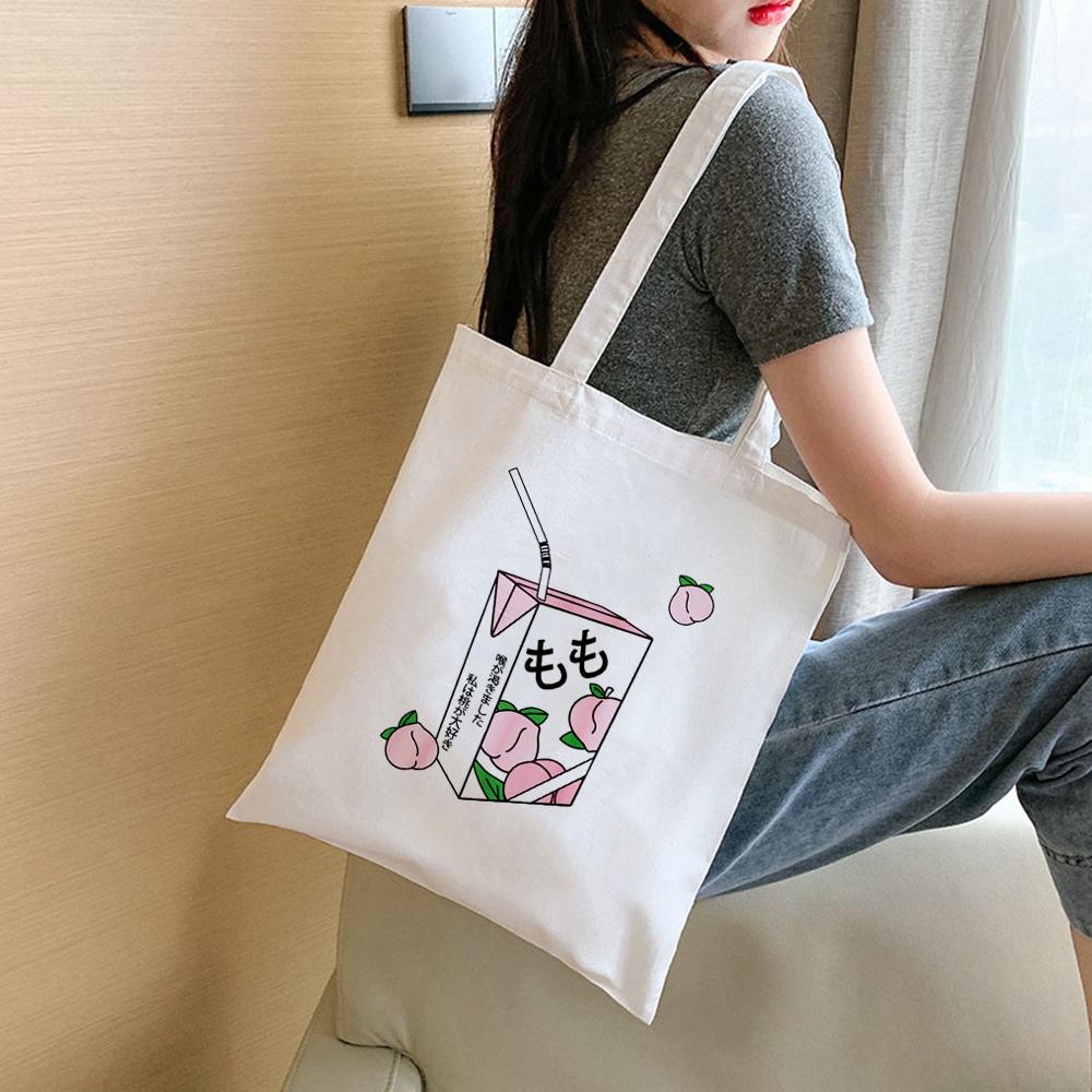 Fashion Women Shopping Bag Peach Milk Strawberry Aesthetic Print Student Book Canvas Bags Reusable Shopper Japanese Kawaii Eco